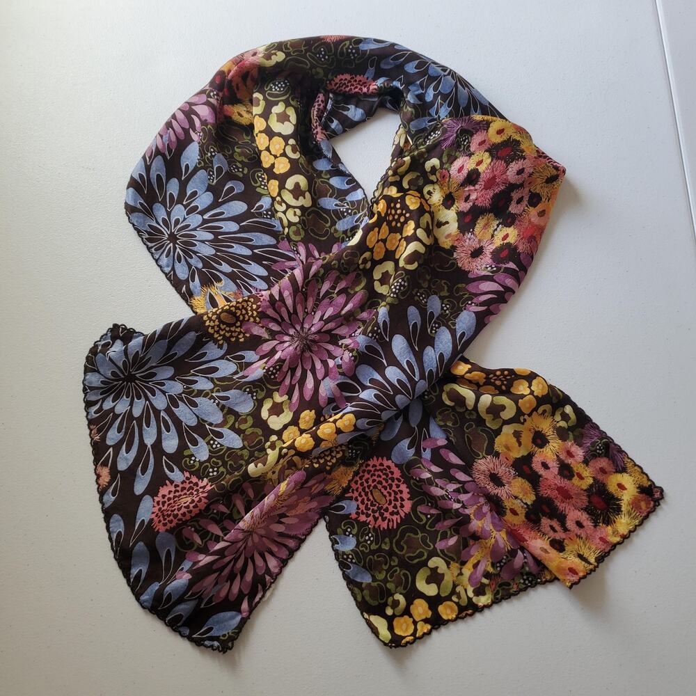 Fairy Grunge Floral Boho Scarf Womens One Size Brown Multicolor Sheer Flower